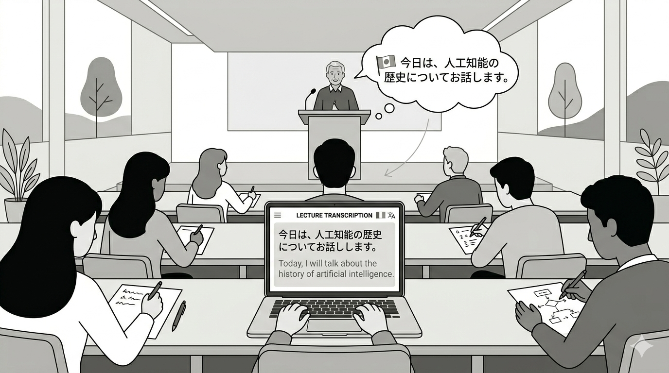 Student in lecture hall with laptop showing foreign language transcription and translation