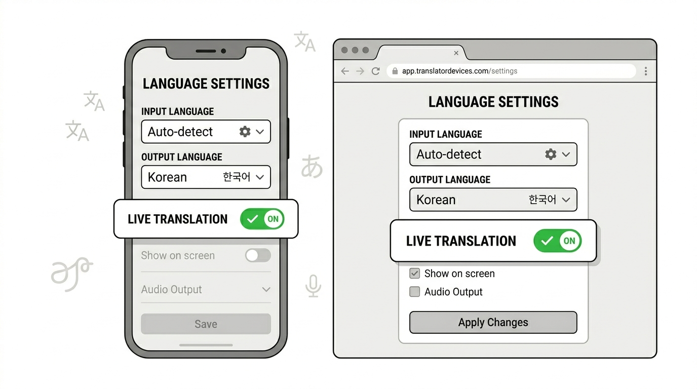 Language settings on mobile and web — Input Language, Output Language, Live Translation toggle