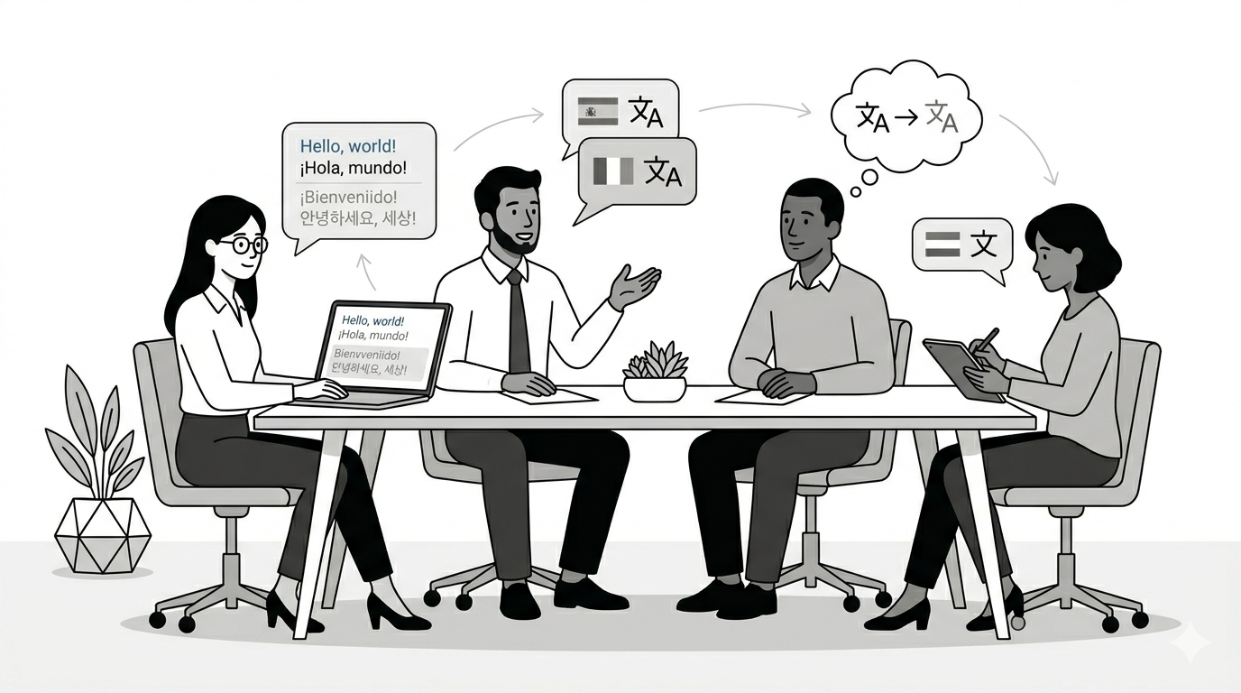Multilingual meeting with live translation — original and translated text side by side