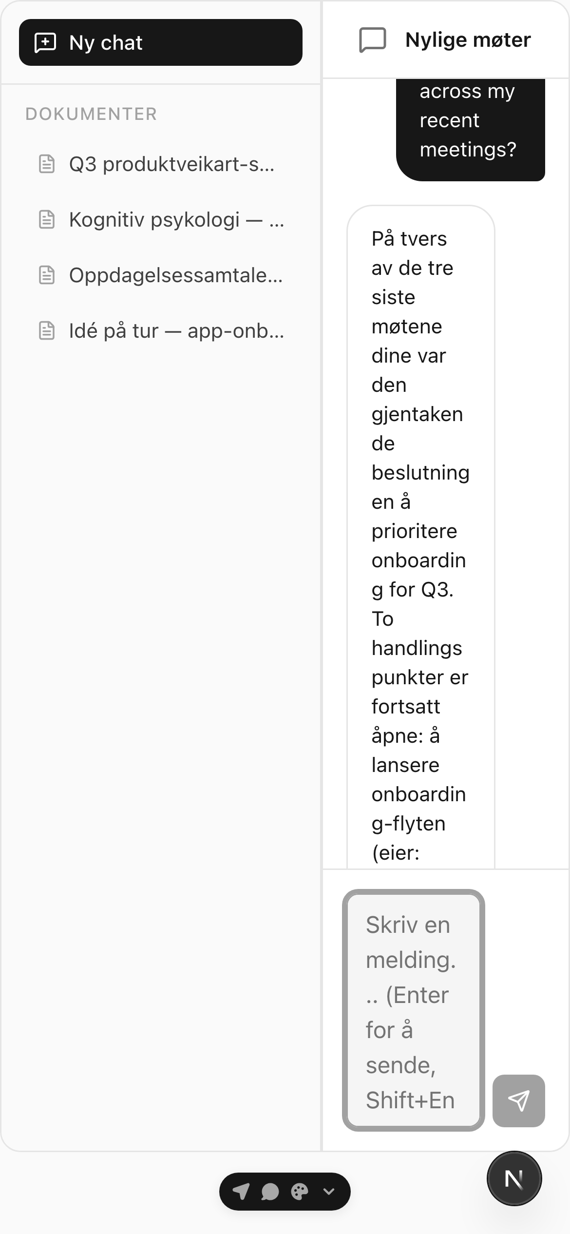 Soria-chat på mobil som svarer på et spørsmål fra notatene dine